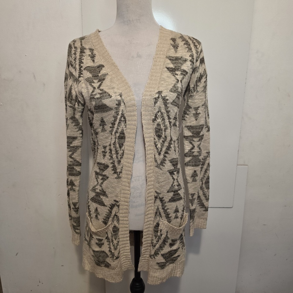 Hippie Rose Women's Small Open Front Cardigan Southwestern Aztec Knit Beige